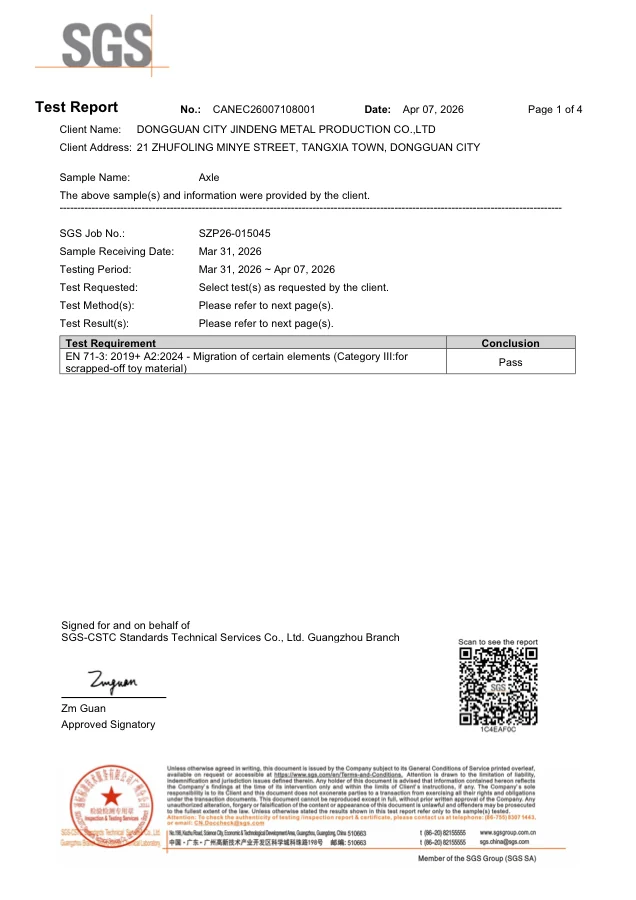 SGS EN 71-3 test report for axles