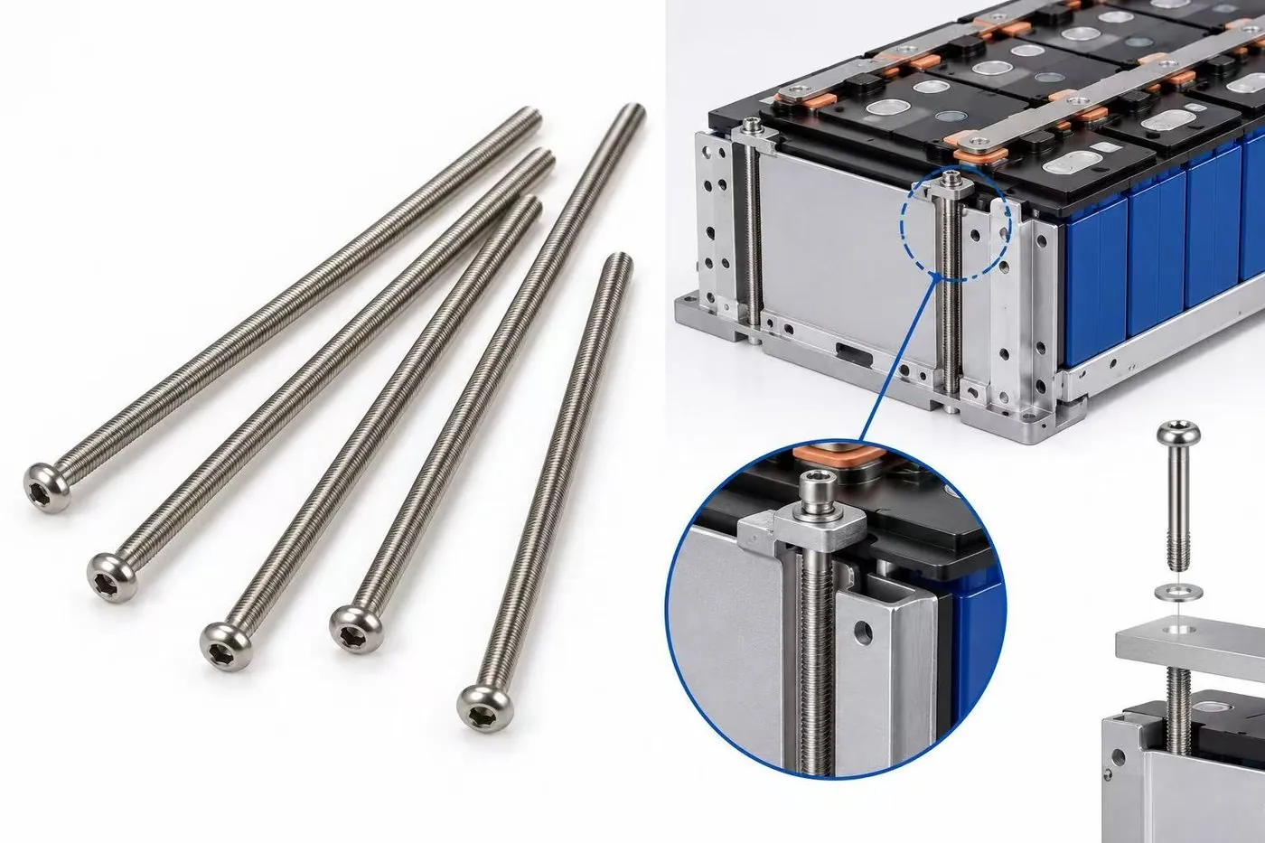 Extra-long screws for energy storage battery modules